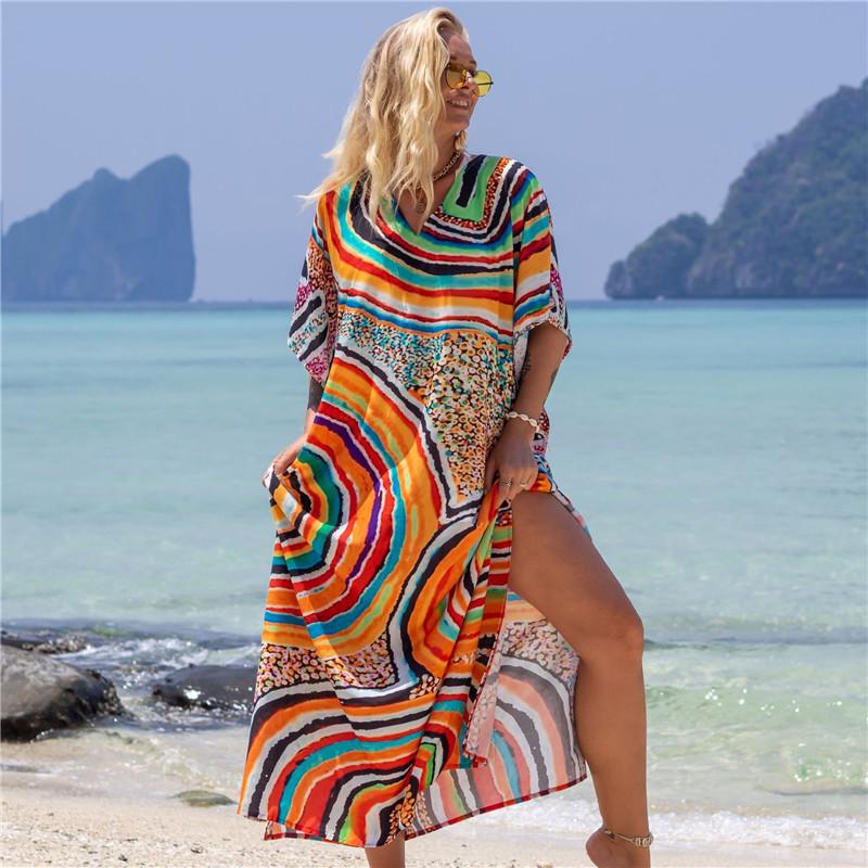 Farbenfroher Strandüberwurf Lange Robe - Locker, Viskose, Sonnenschutz, Urlaubsstil (2022)