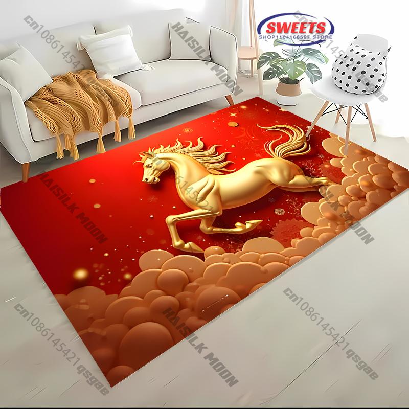 1PC Chinese Style Zodiac Malone Horse Dragon Theme Printed Carpet, Rugged for Living Room Bedroom, Door Decor Mat, Holiday Gifts