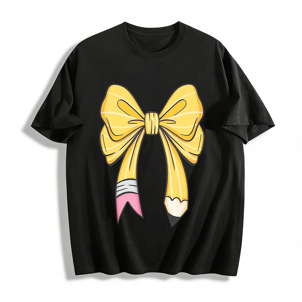 

Creative Pencil Bow Print Casual Top For Teens Adults Pure cotton T-shirt XXS