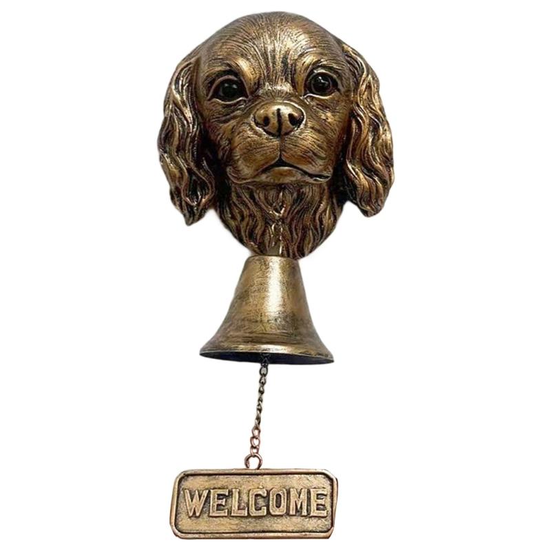 Dog Head Resins Statue Doorbell with Welcome Sign Farmhouses Entryway Wall Hanging Bells Ornament Easy Installation