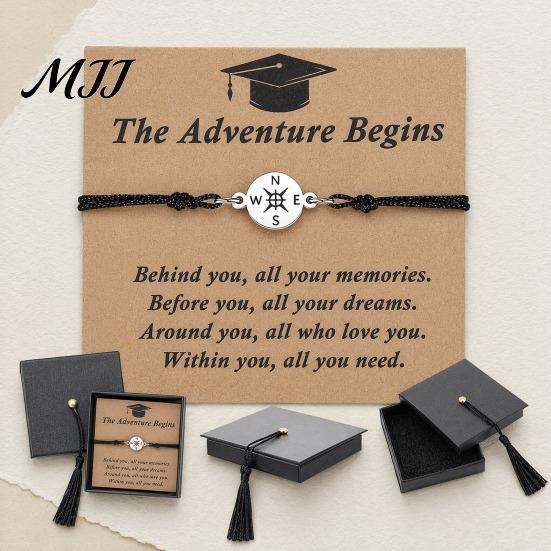 Graduation Bracelet Distance Matching Bracelet, Adjustable Black Rope Braided Compass Pendant for Best Friends Couple Family Women Men Class