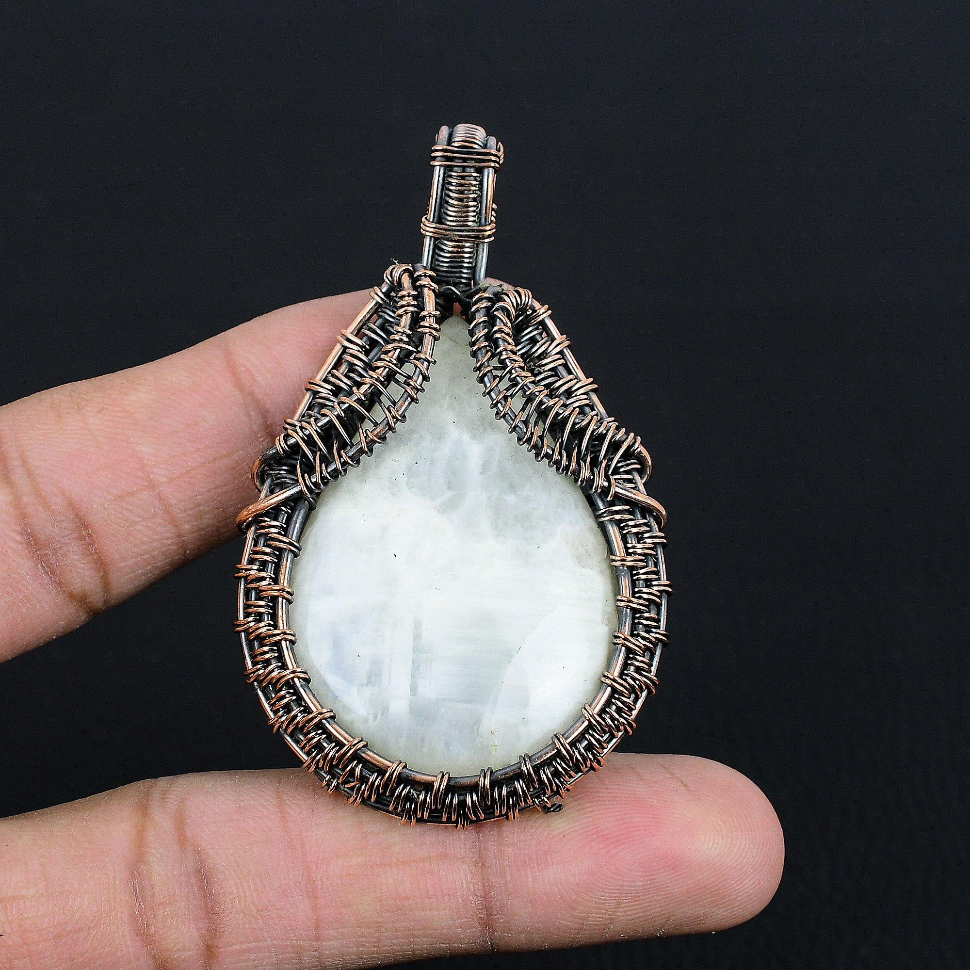 

Кулон из лунного камня, обернутый медной проволокой 999 пробы, кулон из драгоценного камня ручной работы, подарок для мамы, антикварное украшение 1.88 Inches