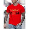 Hallo 2024 Druck Herren Damen T-Shirt Frohes Neues Jahr Silvesterparty Unisex Oberteile Lässig Kurzarm Schwarz T-Shirt Neujahrsfeiertags-Tees