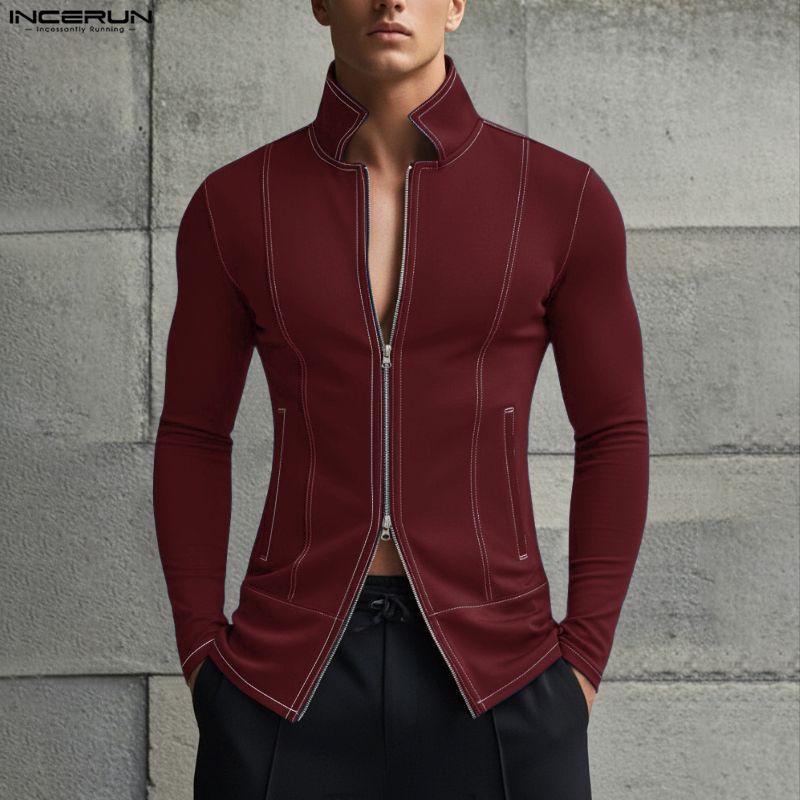 INCERUN Męskie Top T-shirty Casual z Kołnierzem Lapel, Długim Rękawem, Zamkiem Błyskawicznym i Rozcięciami, Dopasowane