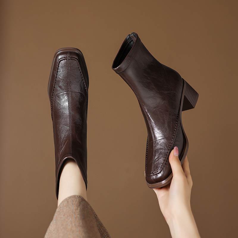 Krazing Pot Botines Chelsea de Puntera Cuadrada con Tacón Grueso de Microfibra Talla 42 Cremallera Decoración Plisada para Mujer Botines Elásticos en el Tobillo