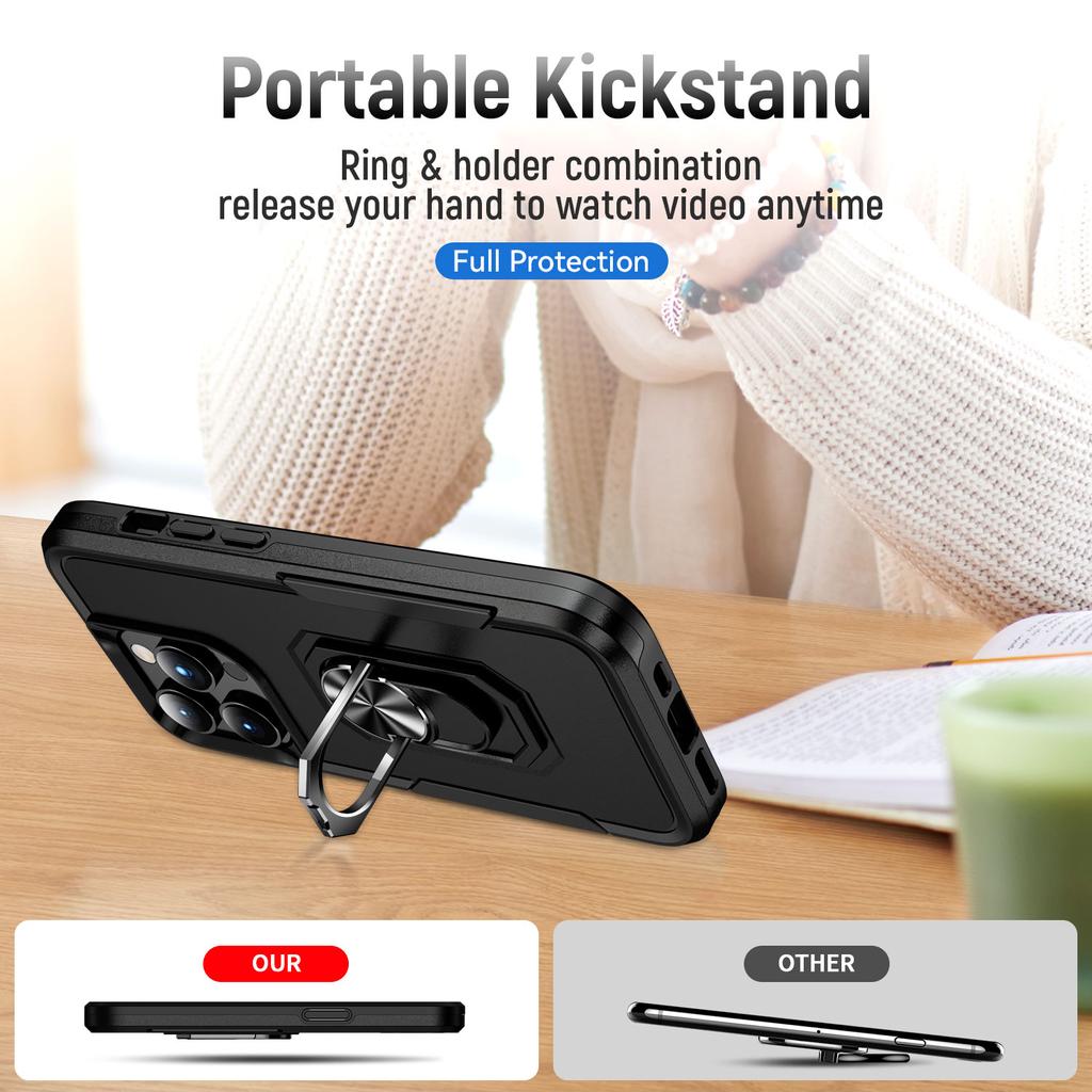 Militært støtsikkert rustningshybriddetuiet til iPhone 14 13 12 11 Pro Max Plus XS Xr 7 8 Magnetisk ringstativ TPU + PC Defender-deksel