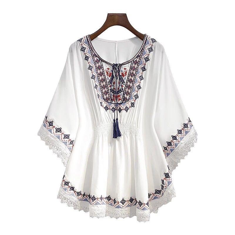 2026 Summer Ethnic Style Plus Size Lace Shirt for Women – Loose, Slimming Top for Curvy Figures
