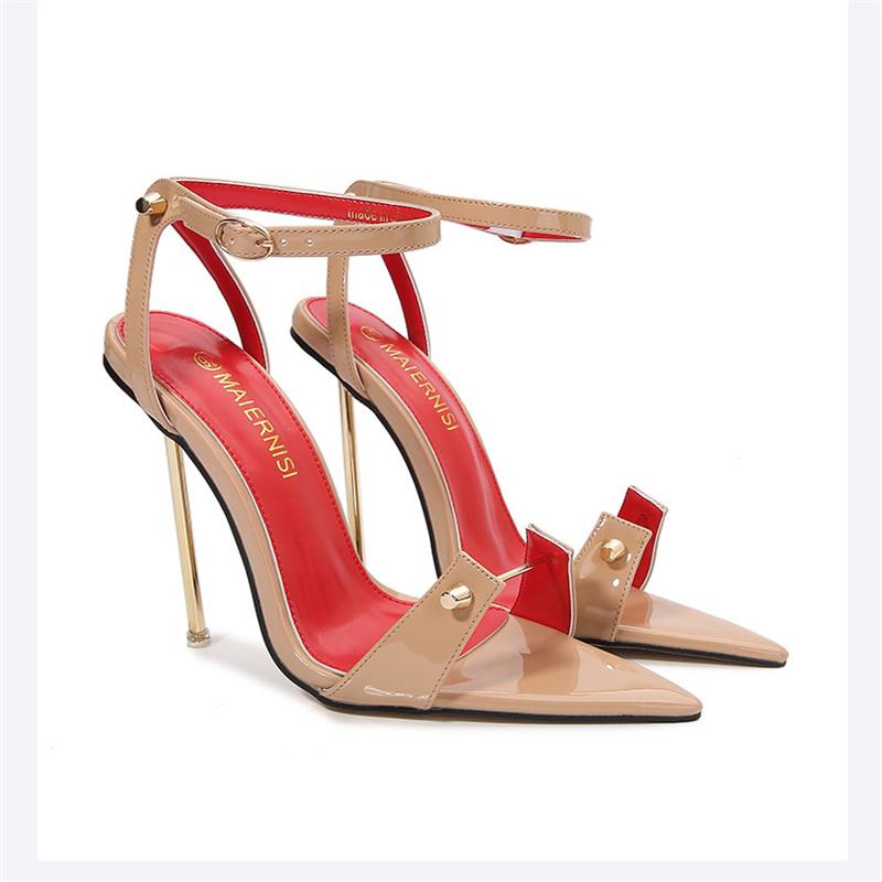 12cm Metal High Heels Stilettos Sexy Summer Sandal Women Pumps Ankle Strap Fetish Pointed Toe Black Slingback Unisex Shoes