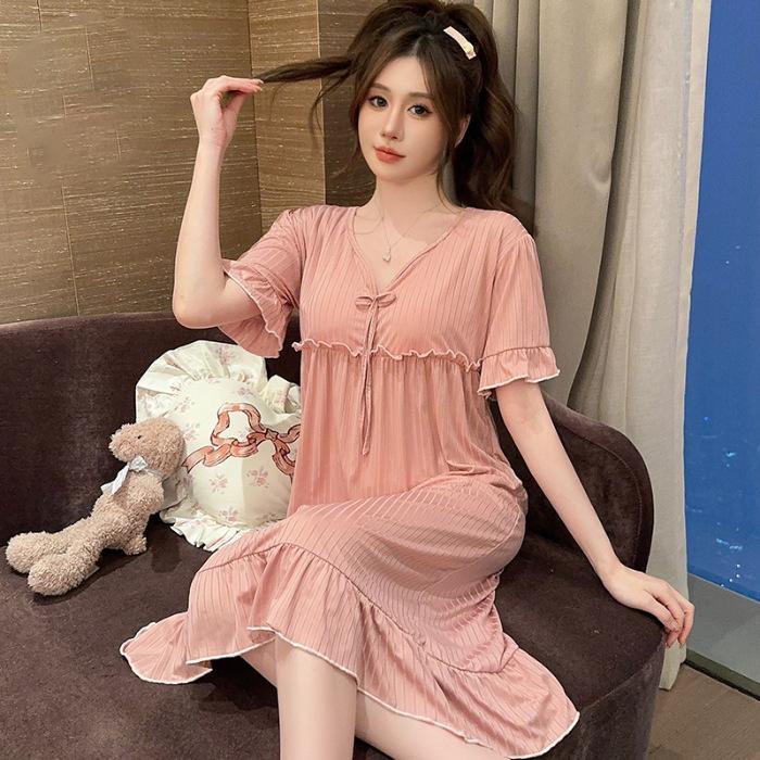 Summer Plus Size Sexy Lace V-neck Short Sleeve Nightgowns for Women Cute Sleepwear Night Dress Nightdress Home Nighty