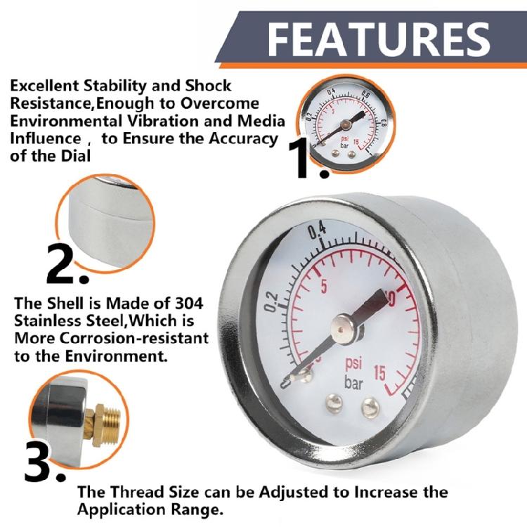 1/8'' NPT Fuel Pressure Gauge Center Back Mount Universal 0-1Bar Pressure Gauge