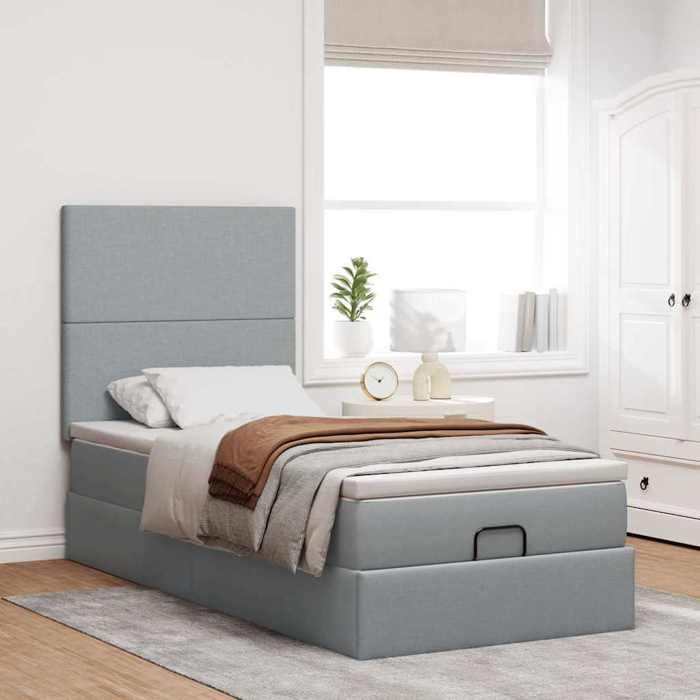 VidaXL Cadre de lit ottoman et matelas gris clair 90x200 cm tissu, cadre de lit, cadre de lit rembourré, cadre de lit 3313043