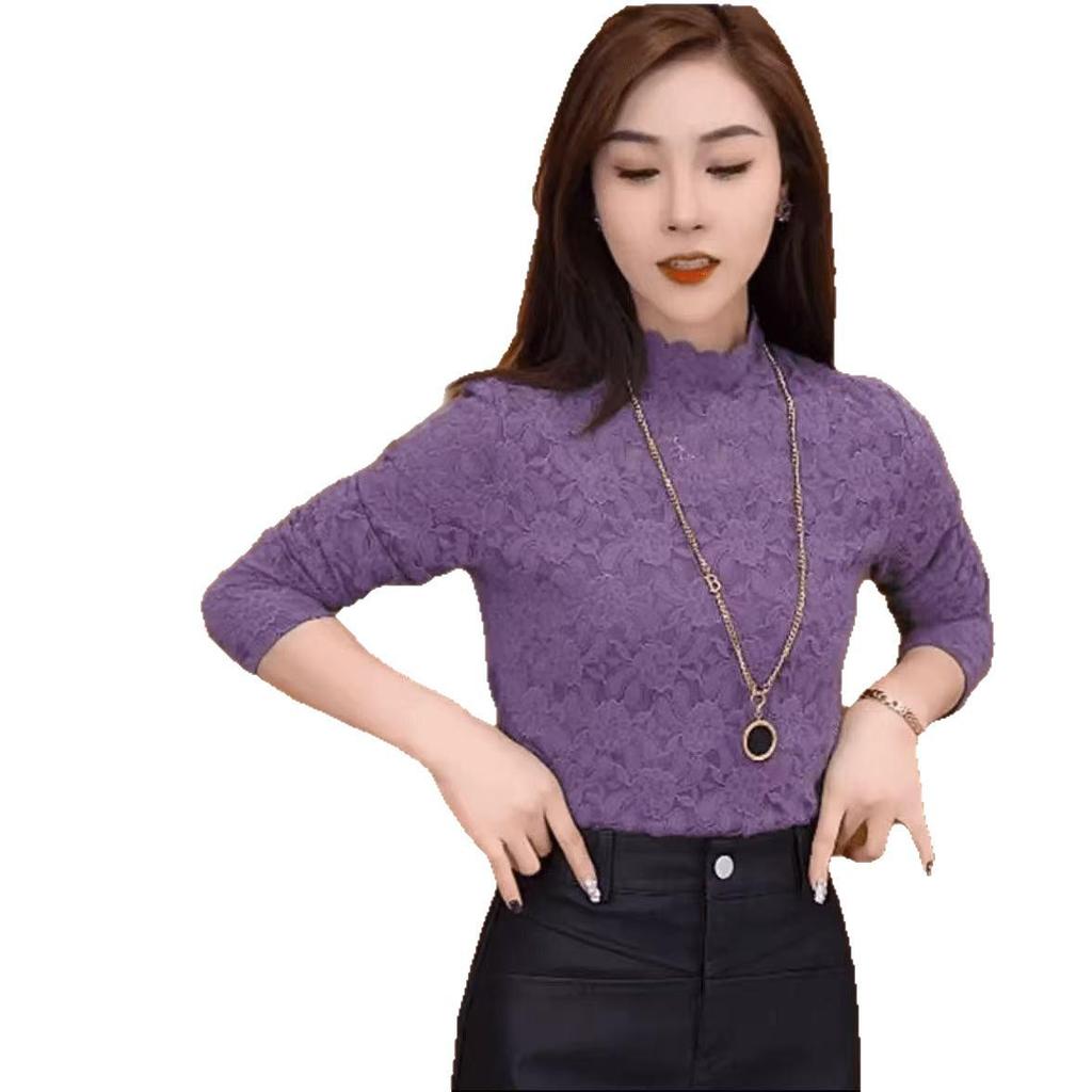 Elegant Lace Semi-High Collar Velvet Base Layer Shirt - 2025 Autumn/Winter Collection