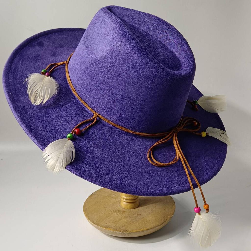 2026Bohemian style suede hat, brim 9.5 cm fedora with feather accessories, classic church hat, wide brim hat, women's hat
