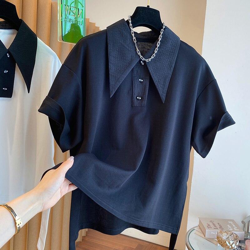 Elegant Short Sleeve Summer Split Blouse Women Loose T-shirt 2023 Fashion Drop Tops Casual Shirt White And Black Patchwork 27516