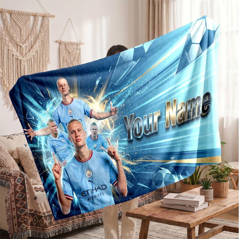 Erling Haaland Personalized Fleece Blanket With Football Logo, Custom Name Text Soft Warm Home Throw Blanket