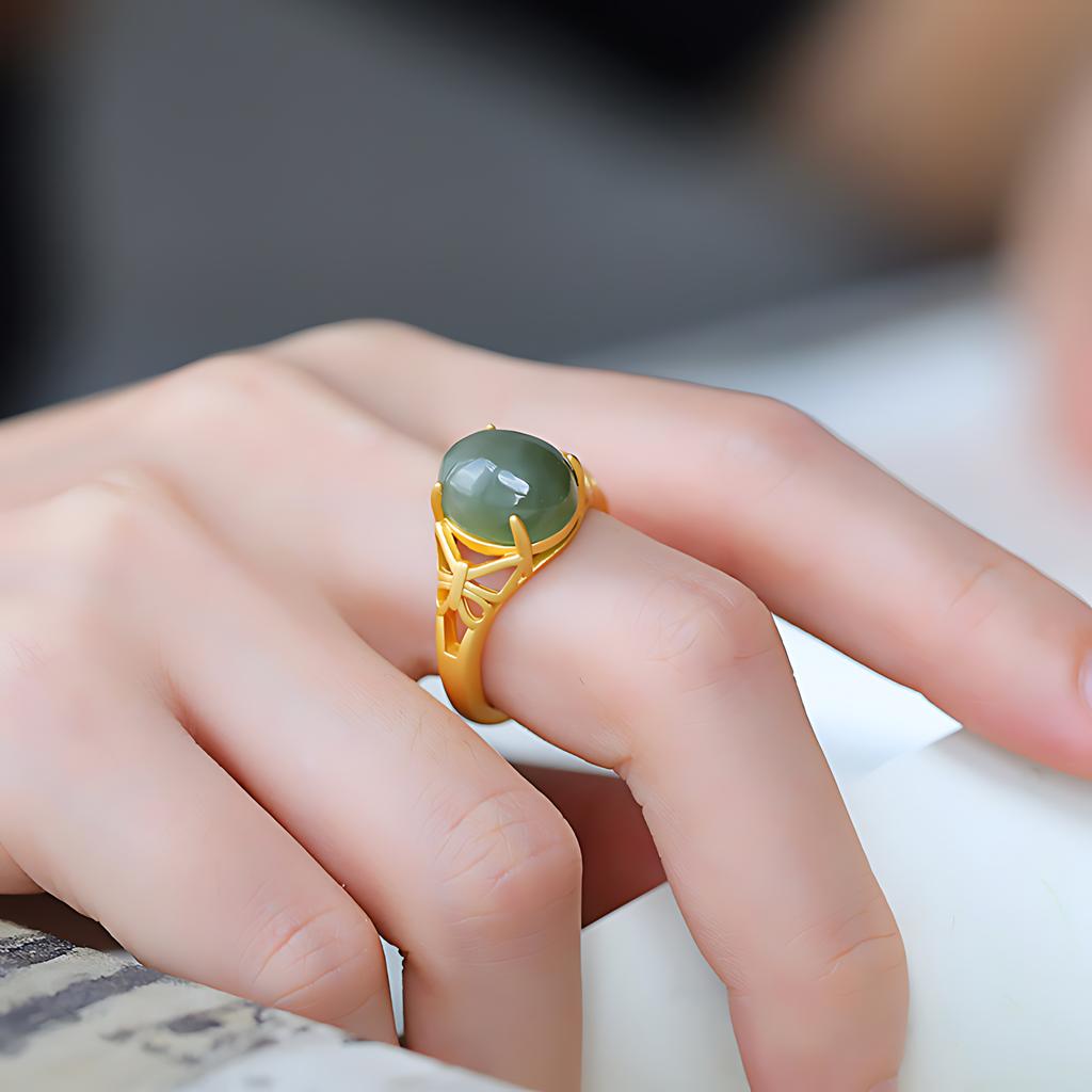 PANJBJ Anello Geometrico in Argento Sterling 925 con Giada di Hotan per Donna Ragazza Regolabile Gioielli Delicati Retrò Regalo di Compleanno Dropshipping