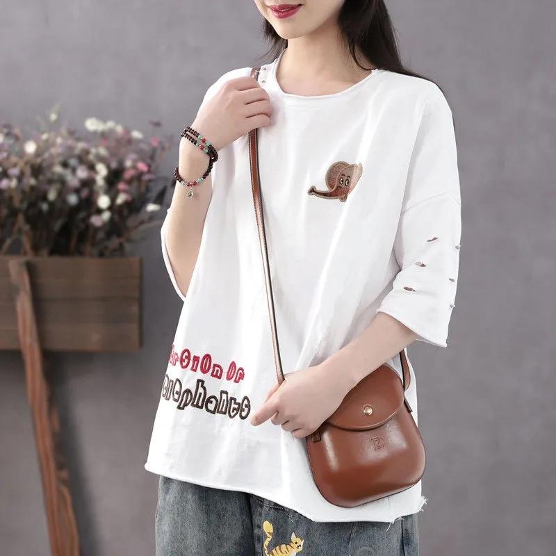 Khaki Loose Round Neck T-shirt Cotton Material Women's Short Sleeved Top Hollow Cuffs Design Retro Literary Style Simple Casual Harajuku Summer