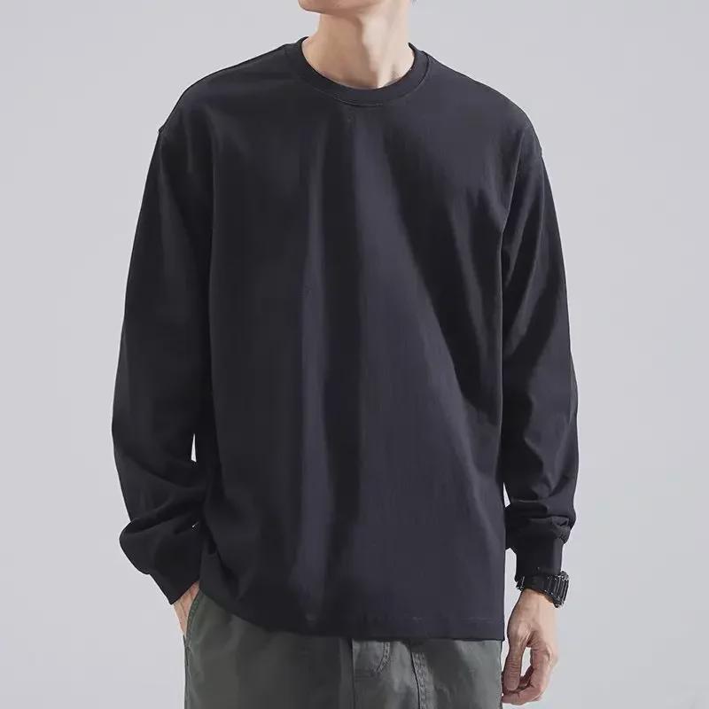 Tricou alb pentru bărbați, cu mânecă lungă, lejer, cu guler rotund, pentru primăvară și toamnă