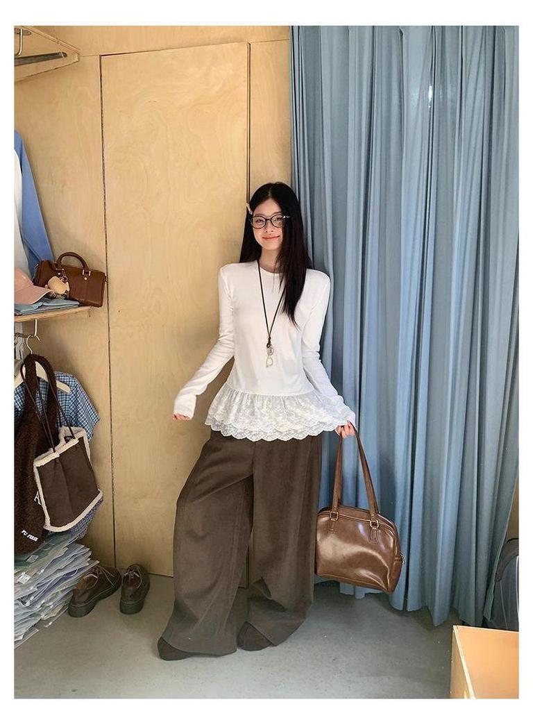 Korean Lace Thermal Slim-Fit Women's Long-Sleeve T-shirt, Autumn/Winter 2025 Style