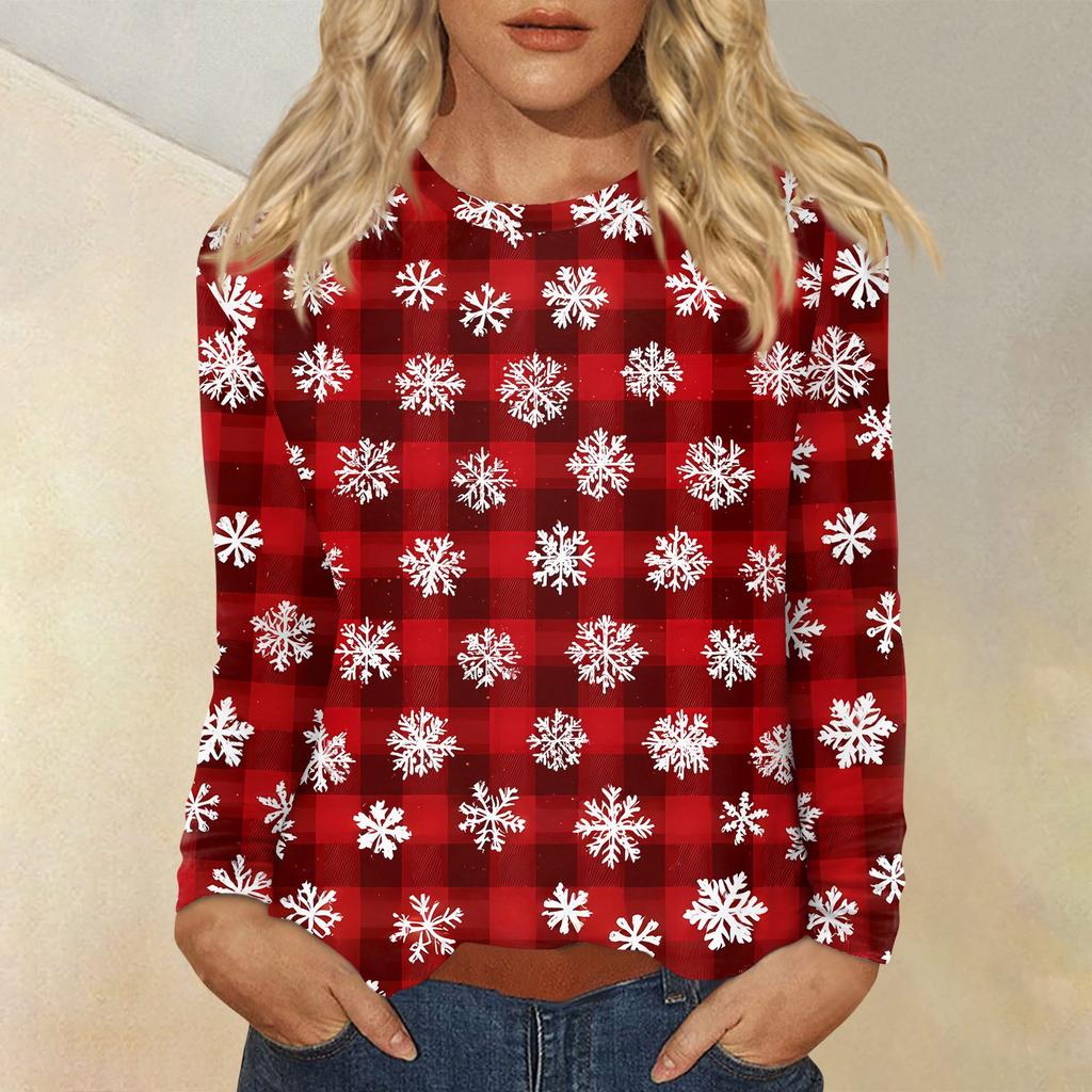 Women's Fashion Casual Christmas Printed Round Neck Long Sleeve Pullover Top
