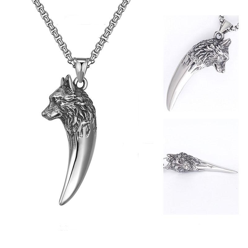 Vintage Wolf Head Titanium Steel Necklace Stainless Steel Necklace Male Wolf Tooth Pendant