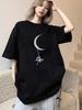 Black Round Neck Fashionable Stylish Loose Fit Versatile Moon Astronaut Print Short Sleeve T-Shirt for Women, Spring/Summer