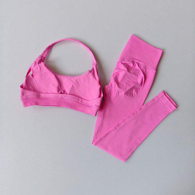 and American Seamless Halter Neck Beauty Back Push-Up Sports Bra and High-Waisted Tight-Fitting Butt-Lifting Fitness Pants Two-Piece Set for Women