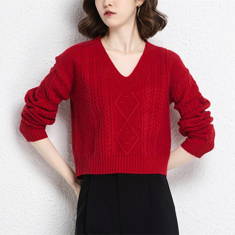 V-neck Sweater Short High Waisted Knit Sweater for Women's Trend Short Inner Pullover Sweater Solid Color Casual Knit Sweater Spring and Autumn Top