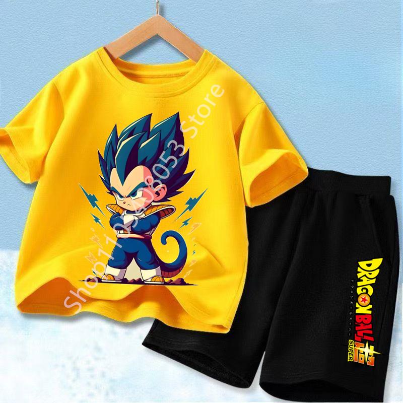 2026 Anime Cool Goku Dragon Ball Z Boys CosPlay Short Sleeve Shorts with Pocket Beach Pants Breathable Polyester T-shirt Kids Suit