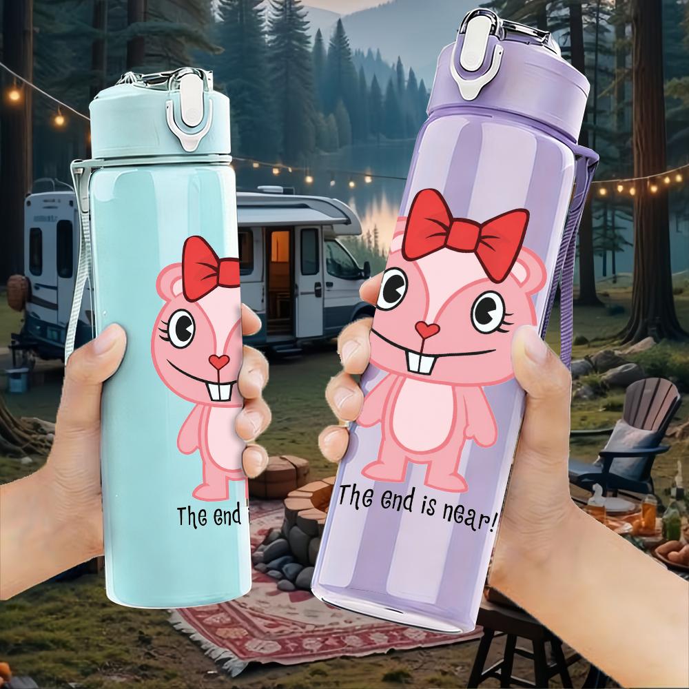 1PC Pink Pig Cartoon Figure Print 750ml Colorful Plastic Sports Water Bottle Leakproof Pop Lid with Straw for Outdoor Office Home Use