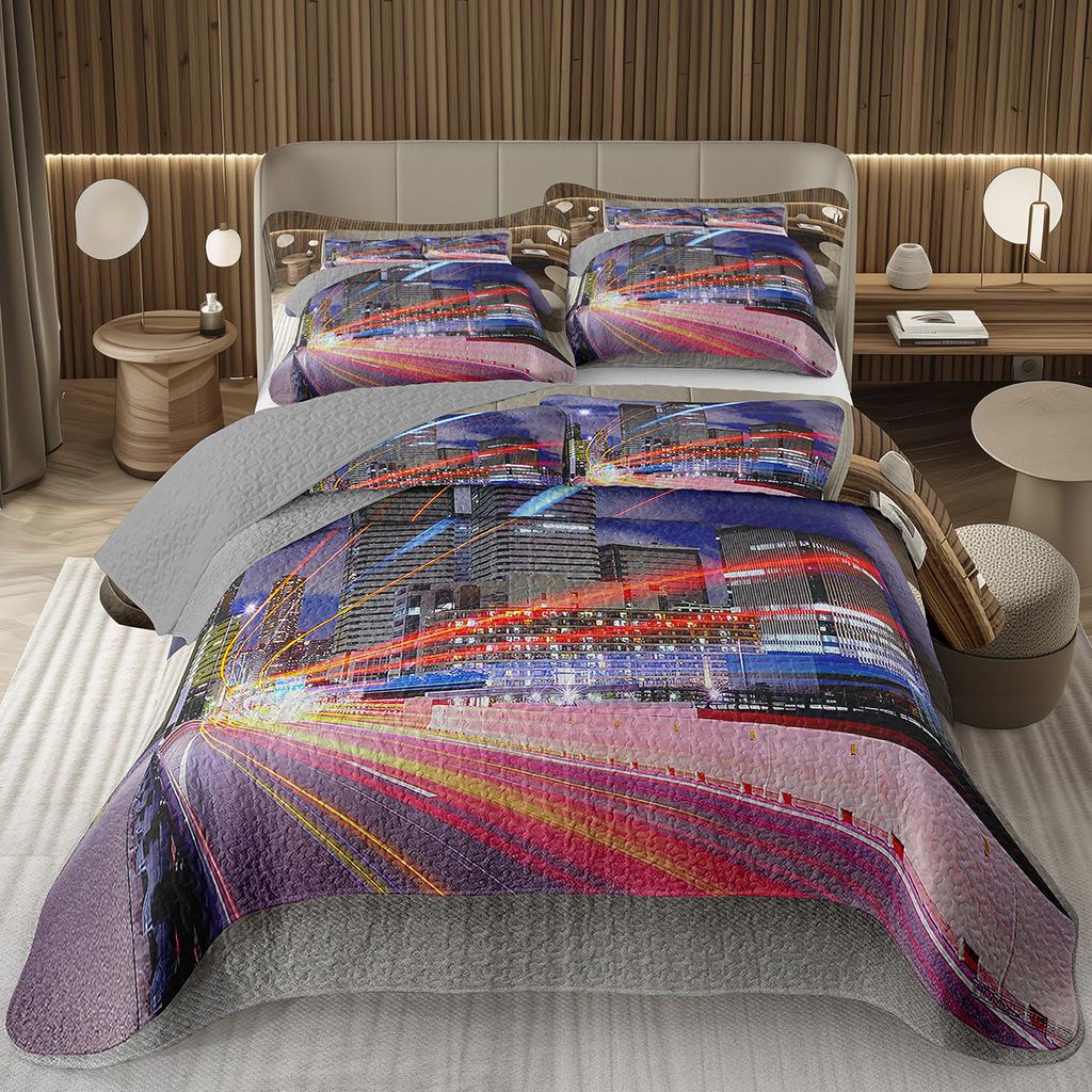 City Landscape Quilted Bedspread Set Cityscape Artwork Queen Bedding Set Colorful River Business District Coverlet For Girls Man