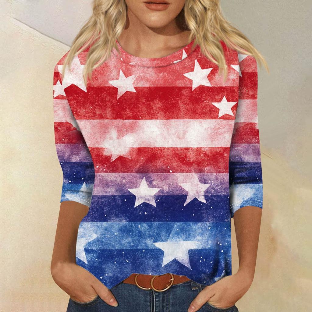 Dames Mode Casual Zeven Mouwen Onafhankelijkheidsdag Bedrukt Rond Hals T-shirt Top