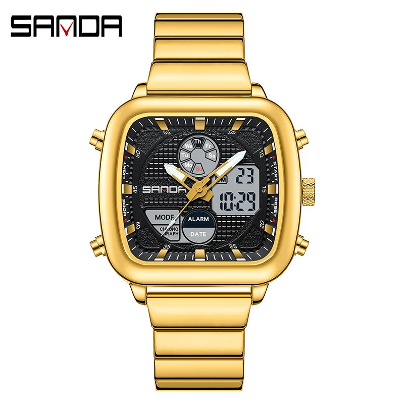 SANDA 9101 Fashion Men's Dual Movement Watch Square Dial with Steel Strap Multifunction Waterproof Casual Male Wristwatch Gift