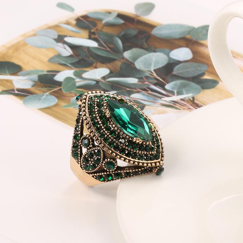 Antique Ring For Luxury Women Vintage Look Aaa Green Crystal Boho Jewelry Gold Color Charm Ethnic Wedding Ring
