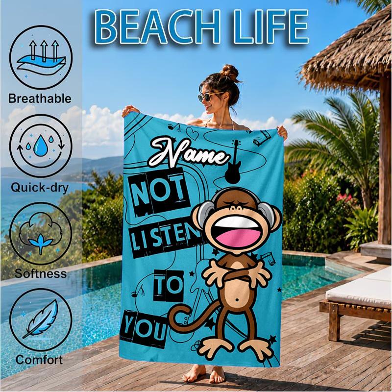 Custom Name Monkey Refuses Listen Heart In Space Adventure Microfiber Beach Towel, Lightweight for Summer Travel, Swimming Pool Fan Gift