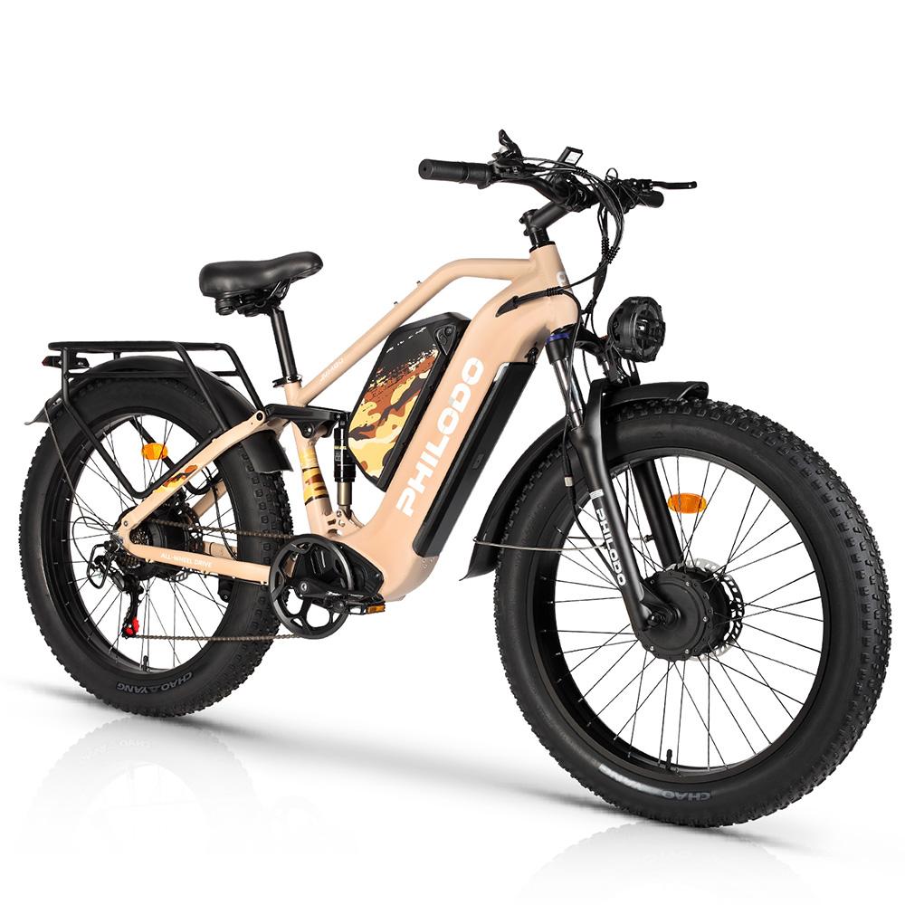 Elektrofahrrad Philodo Jumbo 26  1500W x 2 Spitzenleistung Motor Vollgefedert Erwachsenen E-Bike 48V 46AH Doppelte Hydraulikbremse Shimano 7-Gang rosa
