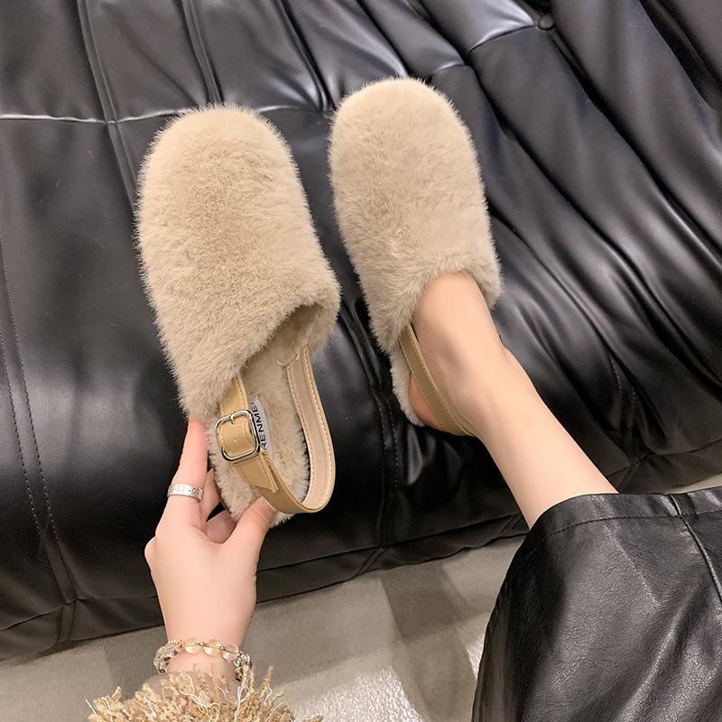 

Тапочки для женщин на осень и зиму 2024 года, новые модели с флисом для сохранения тепла, с круглым носком, ремешком сзади, мешковиной и универсальной верхней одеждой. 35 хаки