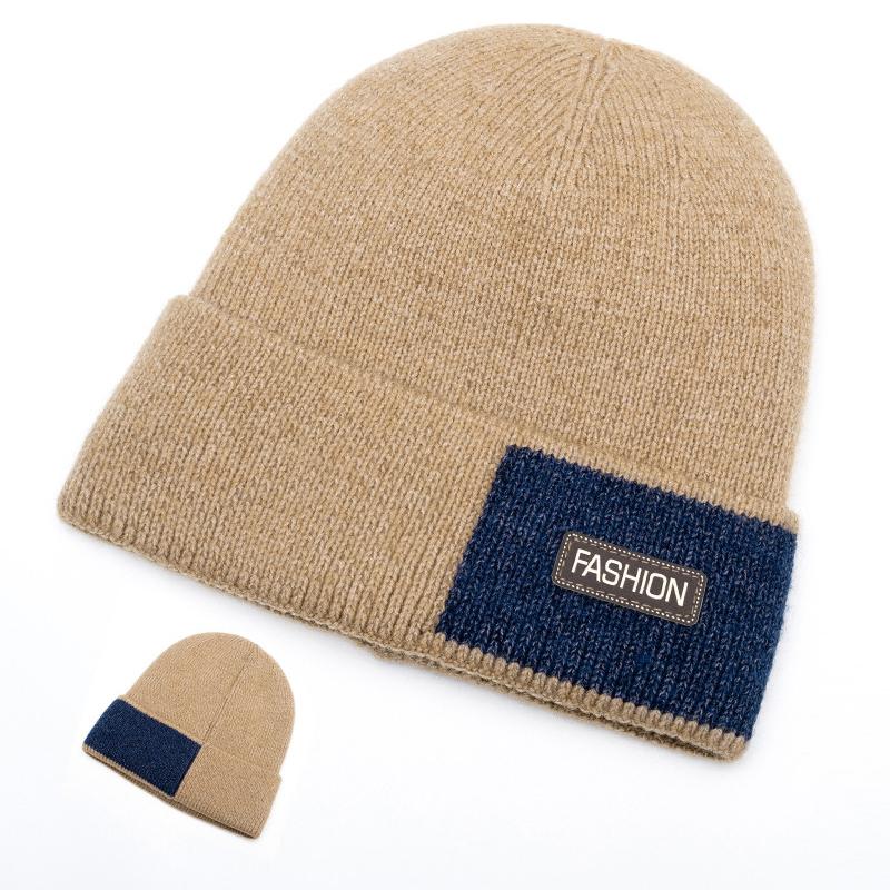 Winter Wool Knitted Hat Men's Fleece Thick Color Block Hat Outdoor Cycling Windproof Cap