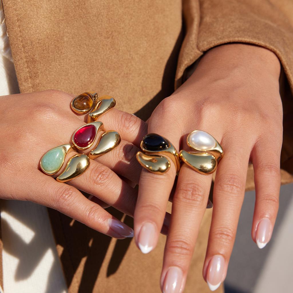 Design Sense 18k Gold, Water Drop Inlaid Pearl Asymmetric Versatile Fashion Open Ring