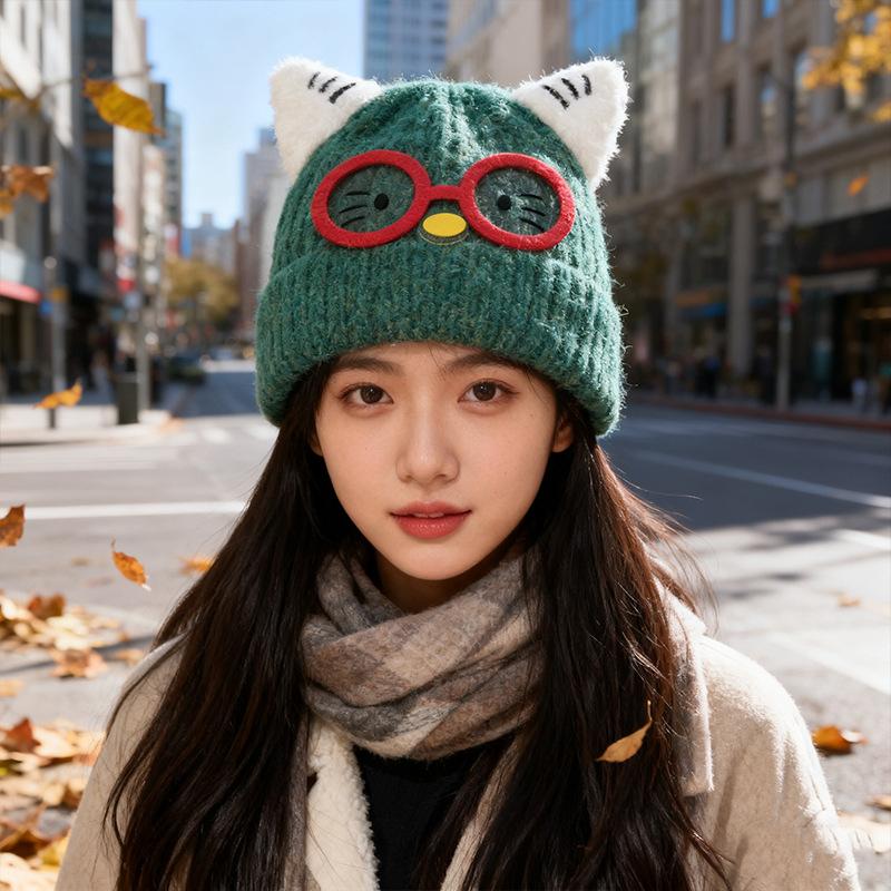 New Cute Glasses Cat Ears Hat for Women Autumn and Winter Warm Ear Protection Knitted Hat Showing Face Small Woolen Cold Hat