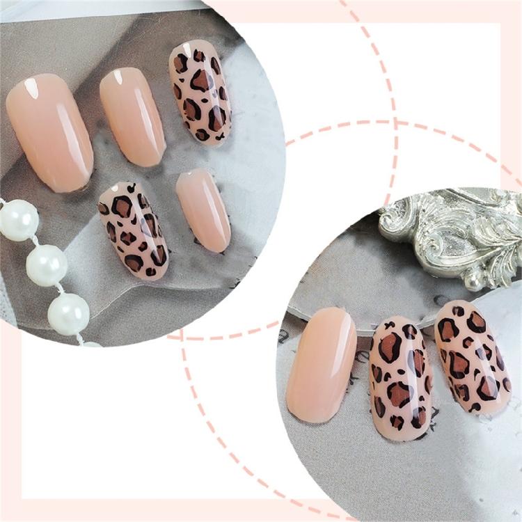 24Pcs Short Almond Leopard Press On Nail Glossy False Nail Winter Nail Decors Full Covers Stick on Nail Easy To Apply