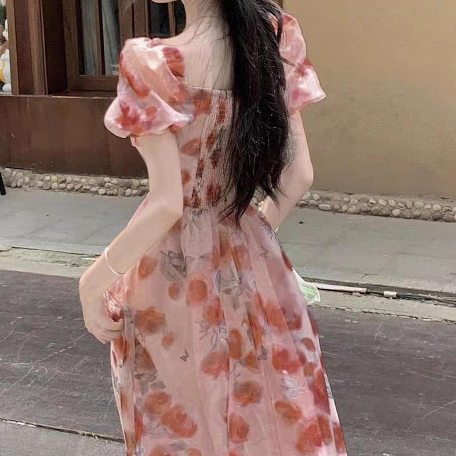 Elegant Floral Square Neck Fairy Dress with Waist-Cinching Design for Women - Perfect Summer Tea Break Outfit