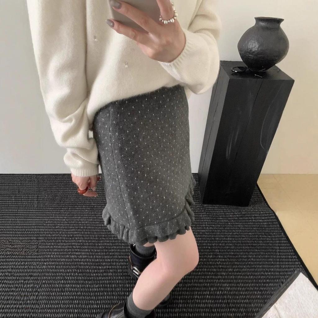 Women's Autumn Elastic Waist Patchwork Polka Dot Knit Skirt - Black Fungus Edge, Korean Style Slim Fit