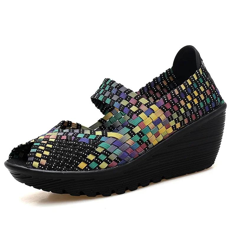 Keilabsatz-Plateau-Websandalen Mode Peep Toe Bequem Atmungsaktiv Mama-Schuhe Damen Casual Dicke Sohle Sandalias Mujer 2024