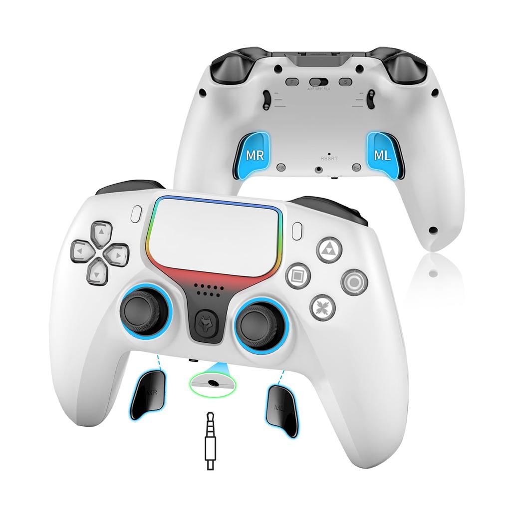 NBCP Wireless Grip [Compatible with PS4PS3PCiOSAndroid] with Rear Buttons, Hall Effect Triggers, Custom RGB Lighting, 1200mAh Battery, Turbo Fire,