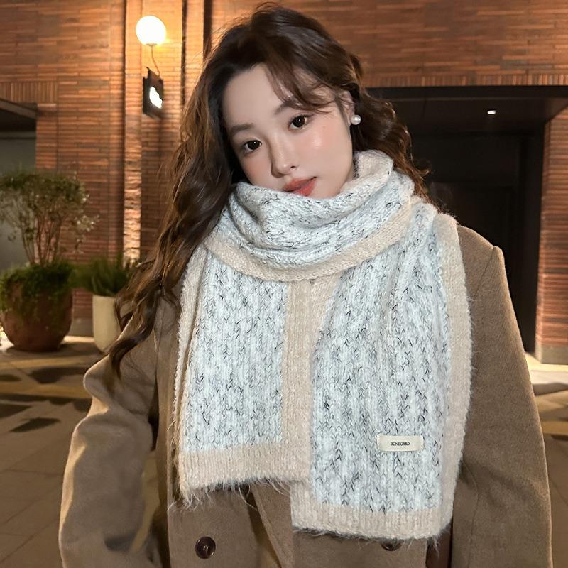 White scarf women's winter new versatile knitted wool with wool warm scarf men