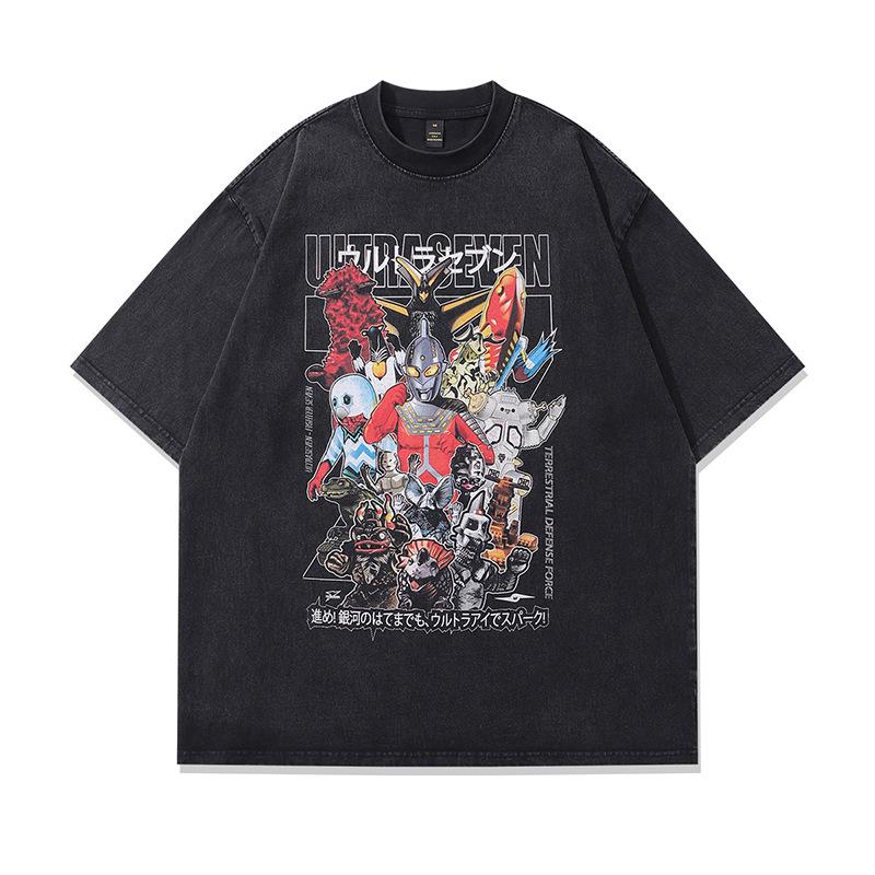 Harajuku Anime Print Washed Old Short-Sleeved T-Shirt Men'S American Retro Ins Street Tide Brand Casual Base