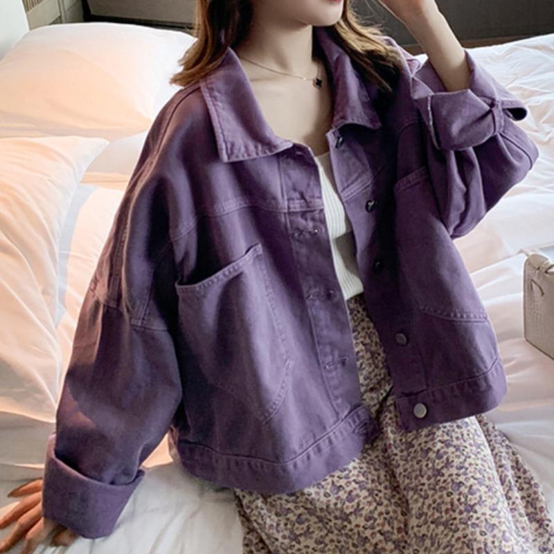 IHUASU Women's Loose Thin Purple Denim Short Jacket Autumn and Winter Casual Tops