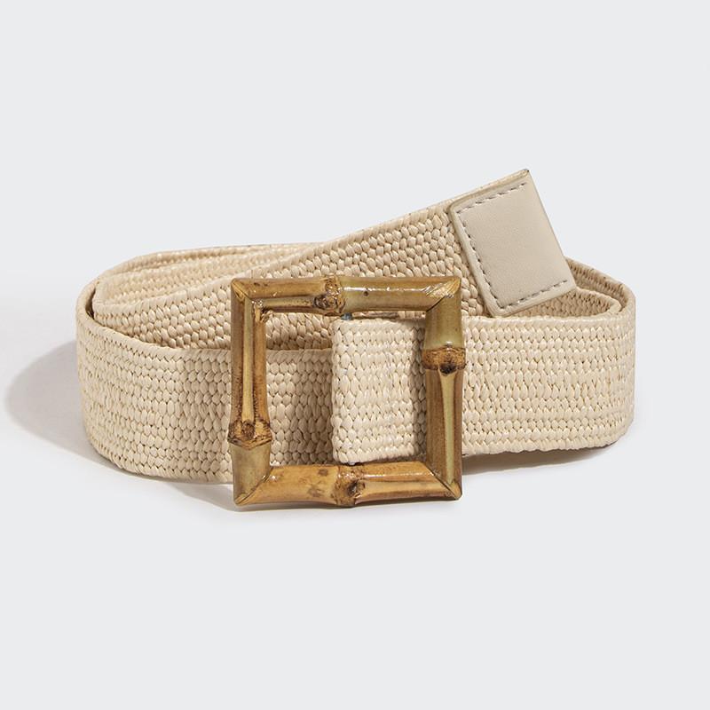 Womens Summer Raffia Straw Belt With Bamboo Buckle And Handcrafted Woven Details бежевый