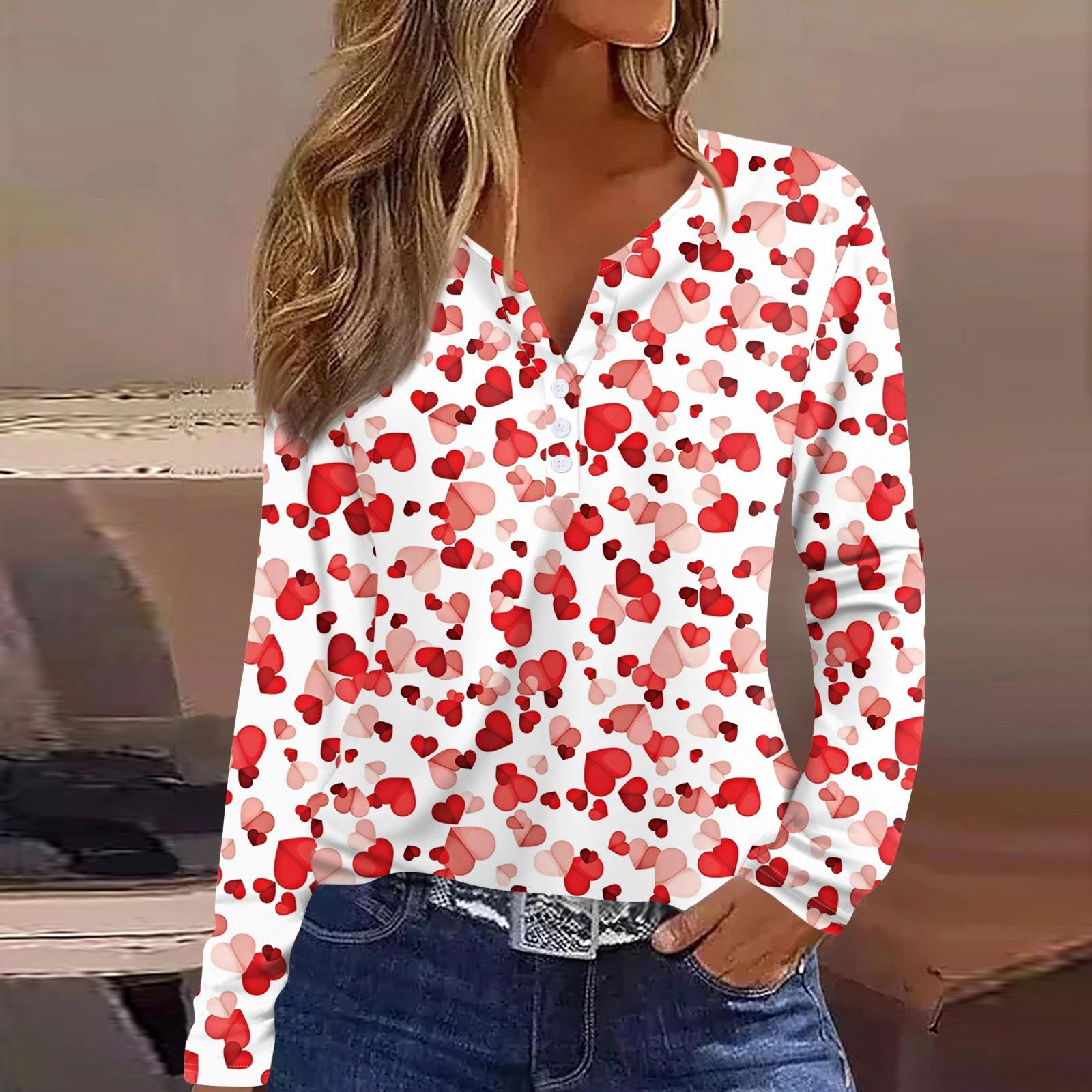 

Женская футболка с принтом ко Дню святого Валентина, туника с длинным рукавом и пуговицами, повседневная мода на выходные, базовый топ с V-образным вырезом XXXL красный